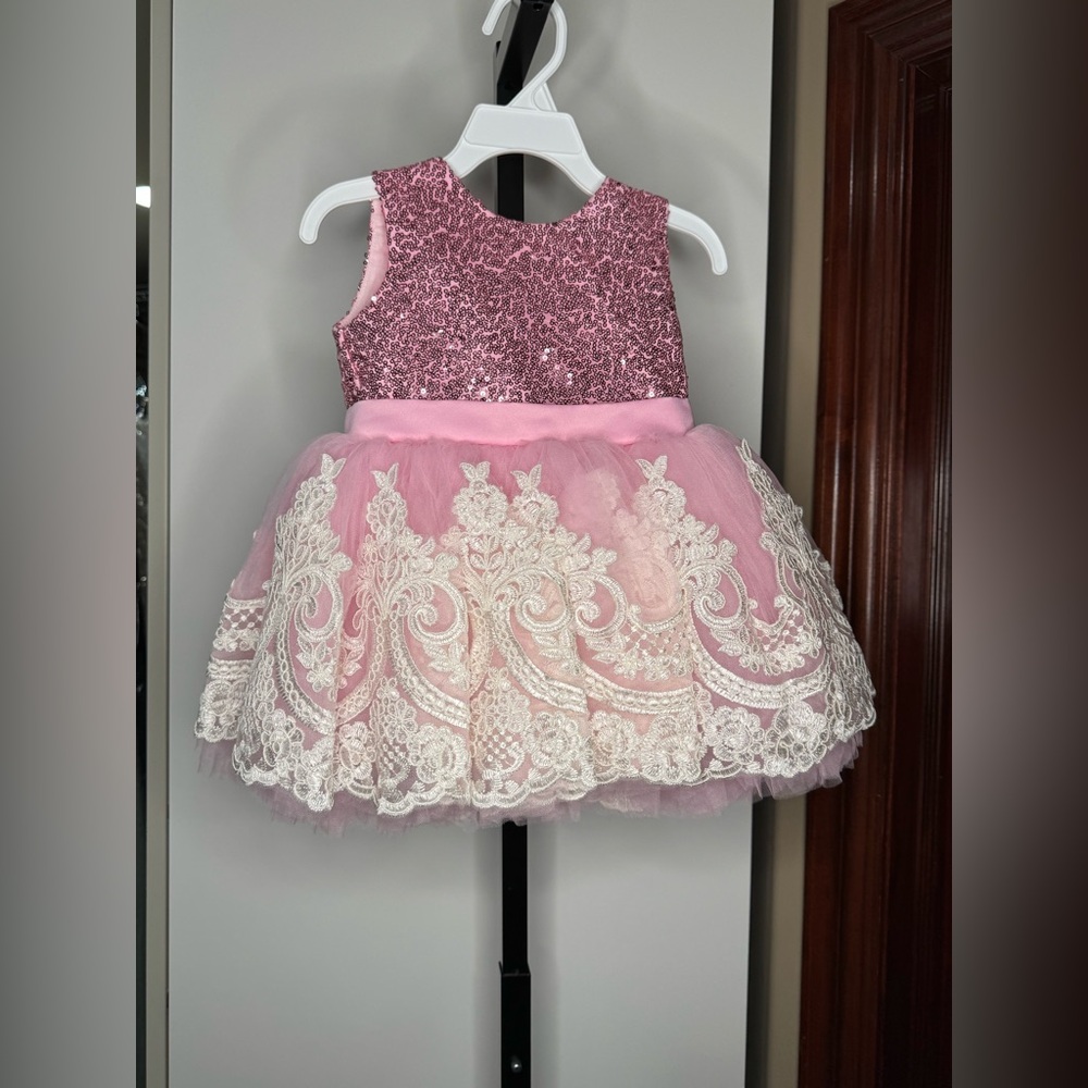 Handmade Pink Dress with White Lace and matching hair bow clip